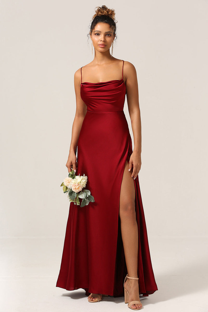 Load image into Gallery viewer, Simple A Line Lace-Up Back Burgundy Long Bridesmaid Dress with Criss Cross Back