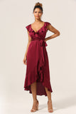 A Line V-Neck Burgundy Bridesmaid Dress with Ruffles