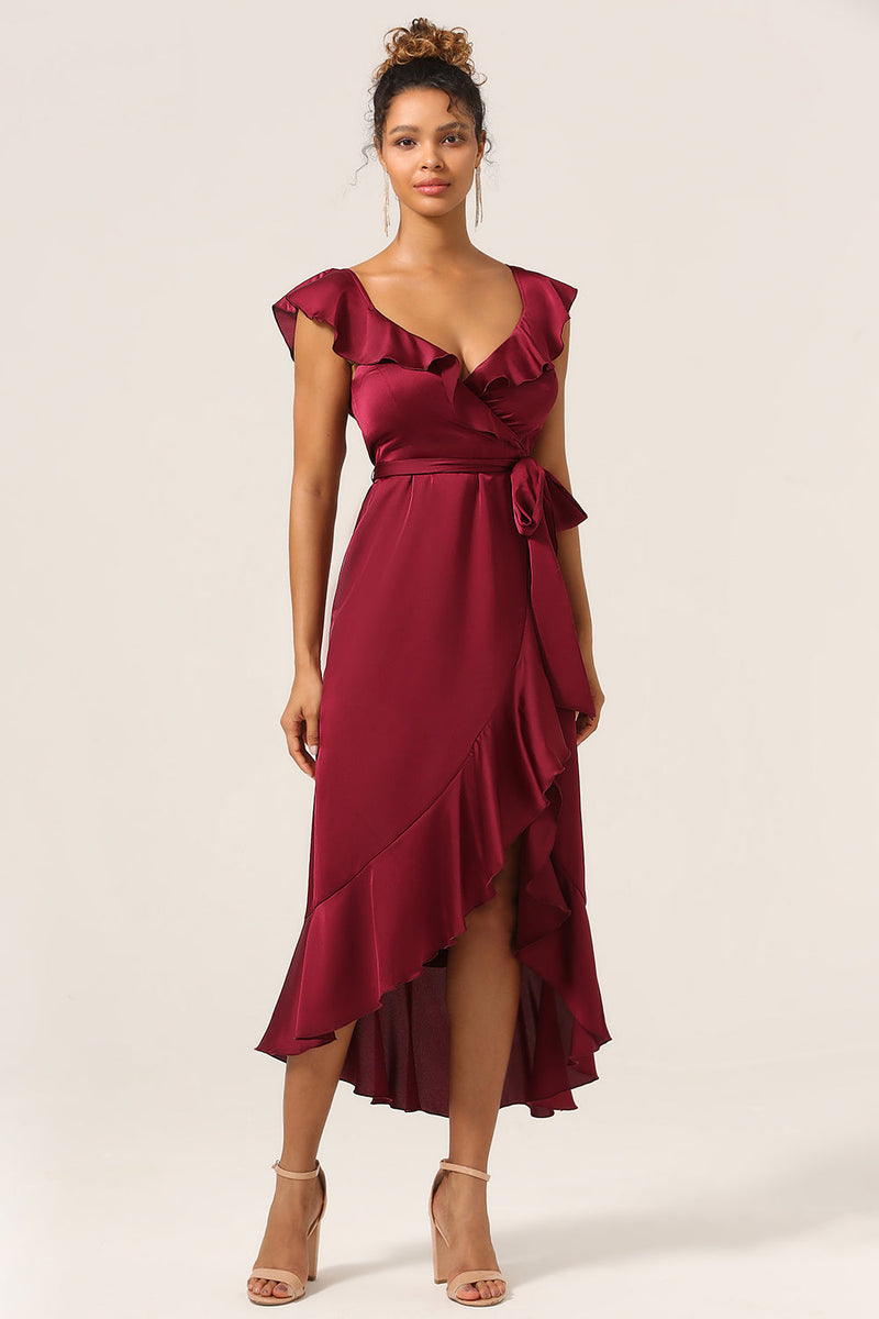 Load image into Gallery viewer, A Line V-Neck Burgundy Bridesmaid Dress with Ruffles