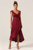 A Line V-Neck Burgundy Bridesmaid Dress with Ruffles