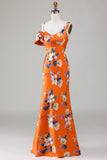 Mermaid Floral Printed Orange Bridesmaid Dress