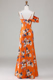 Mermaid Floral Printed Orange Bridesmaid Dress