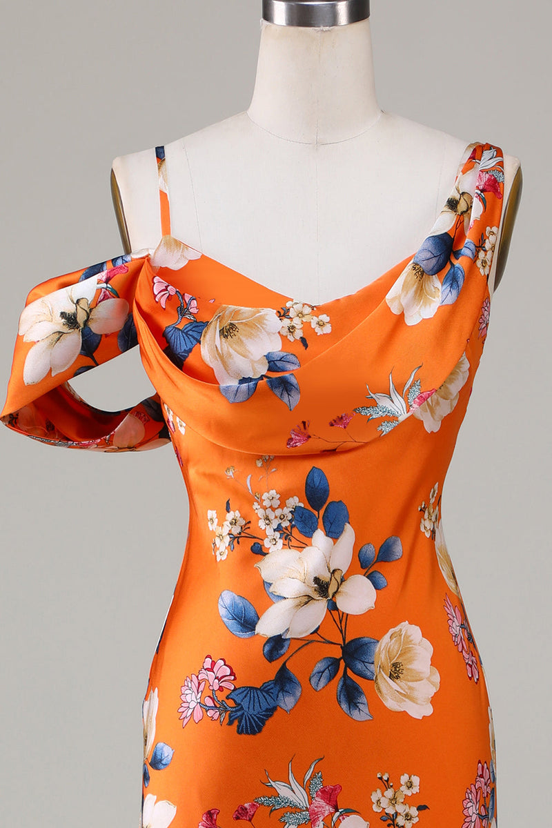 Load image into Gallery viewer, Mermaid Floral Printed Orange Bridesmaid Dress