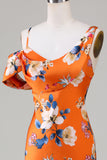 Mermaid Floral Printed Orange Bridesmaid Dress