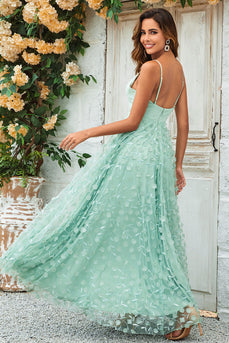 Charming A Line Spaghetti Straps Green Long Bridesmaid Dress with Appliques