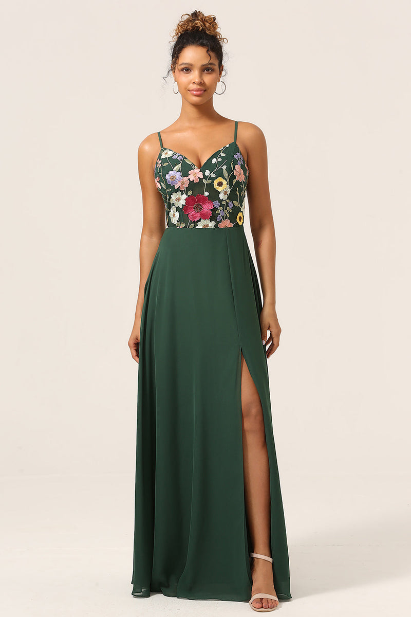 Load image into Gallery viewer, Beauty A-Line Spaghetti Straps Dark Green Long Bridesmaid Dress with 3D Flowers