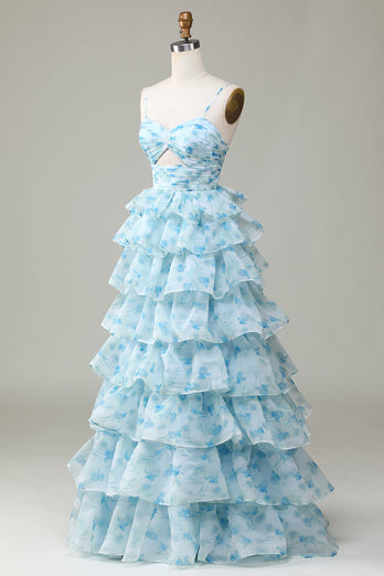 Spaghetti Straps Cut Out Tiered Blue Printed Prom Dress