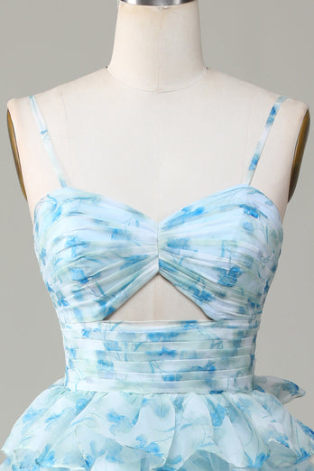 Spaghetti Straps Cut Out Tiered Blue Printed Prom Dress