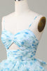 Load image into Gallery viewer, Spaghetti Straps Cut Out Tiered Blue Printed Prom Dress