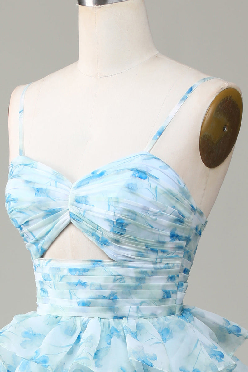 Load image into Gallery viewer, Spaghetti Straps Cut Out Tiered Blue Printed Prom Dress