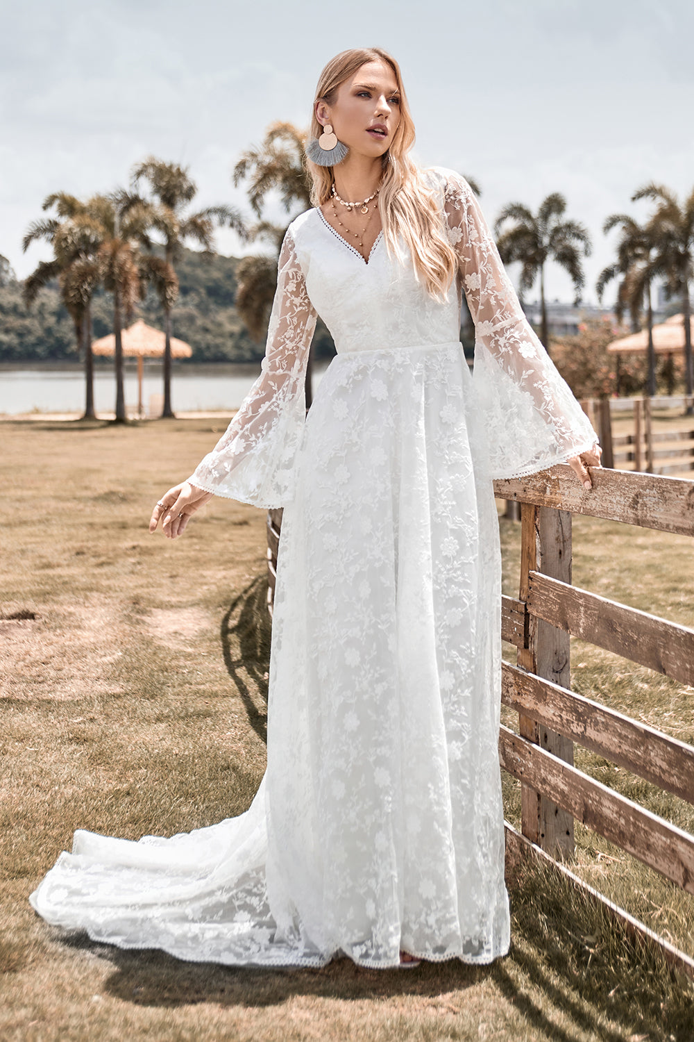 Zapaka Women Ivory Lace Flare Sleeves A-Line Wedding Dress V