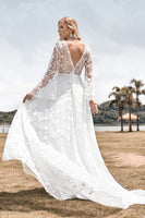 Ivory Lace A-line V-neck Cross Back Wedding Dress, MW550
