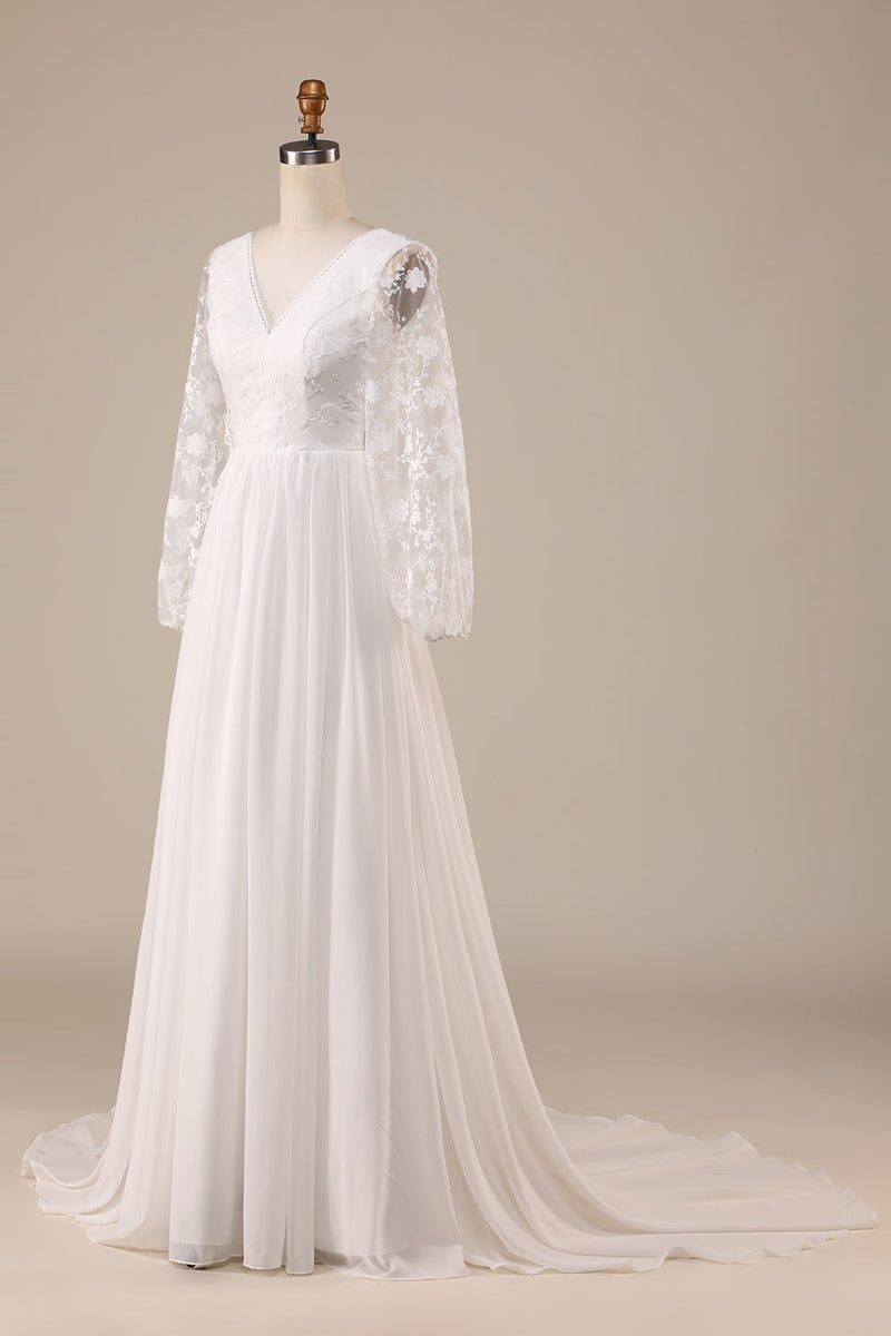 Load image into Gallery viewer, Ivory Chiffon Sweep Train Boho Wedding Dress with Lace