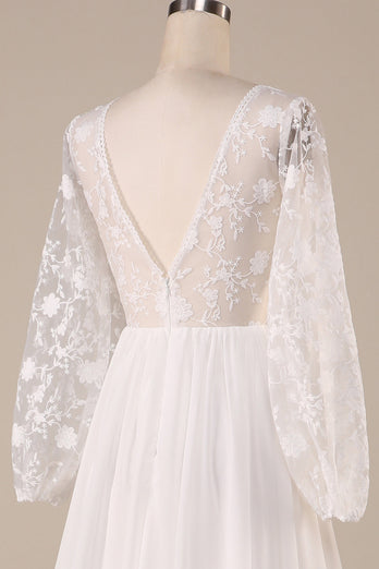 Ivory Chiffon Sweep Train Boho Wedding Dress with Lace