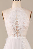 Charming A Line Halter Neck Ivory Open Back Tulle Sweep Train Wedding Dress with Lace