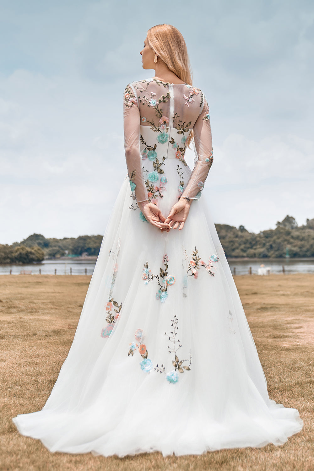 ZAPAKA Women Ivory Long Wedding Dress with Embroidery Tulle Long Sleeves Bridal Dress ZAPAKA UK ZAPAKA Women Ivory Long Wedding Dress with Embroidery Tulle Long Sleeves Bridal Dress ZAPAKA UK