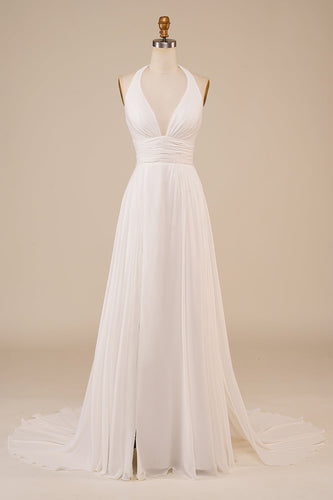A-Line Halter Ivory Sweep Train Wedding Dress with Slit
