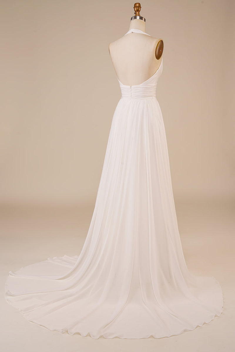 Load image into Gallery viewer, A-Line Halter Ivory Sweep Train Wedding Dress with Slit