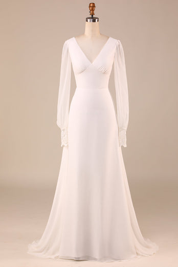 Ivory Long Sleeves Boho Chiffon Open Back Wedding Dress