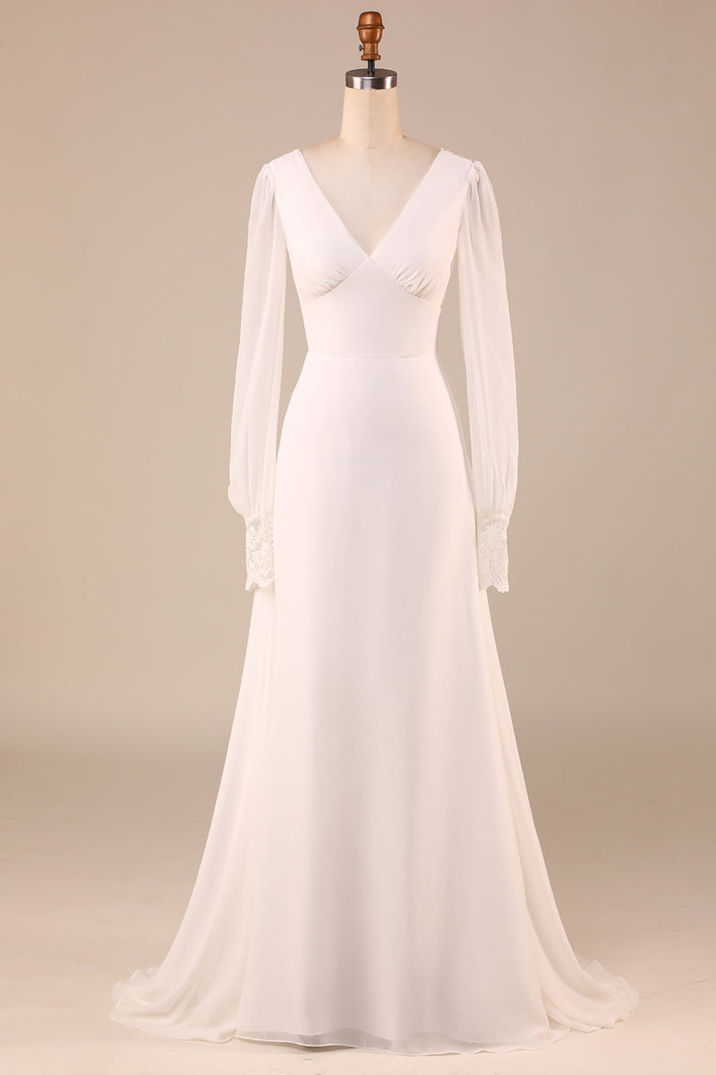 Load image into Gallery viewer, Ivory Long Sleeves Boho Chiffon Open Back Wedding Dress