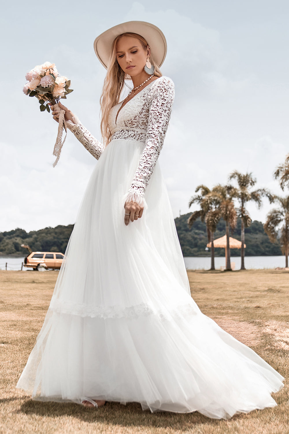 Zapaka Women Lace Long Sleeves Deep V-neck Boho Wedding Dress with Backless – ZAPAKA UK
