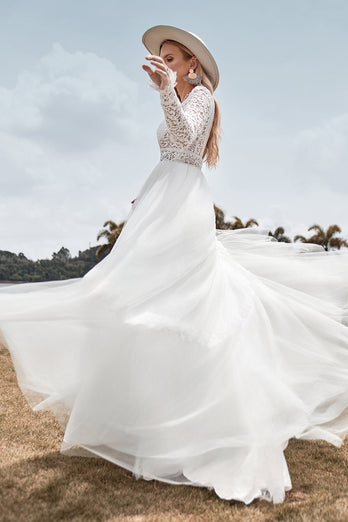 Lace Long Sleeves Deep V-neck Boho Wedding Dress with Backless