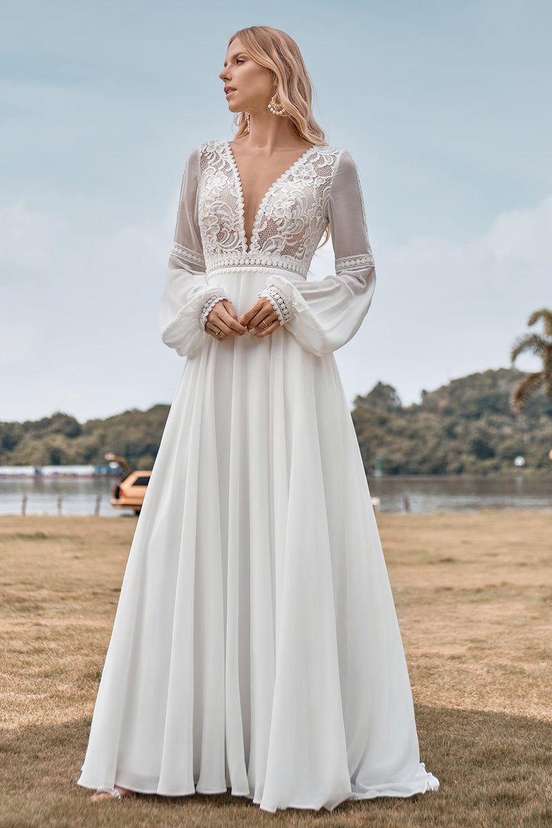 Load image into Gallery viewer, Long Sleeves Ivory A Line Wedding Dress with Lace