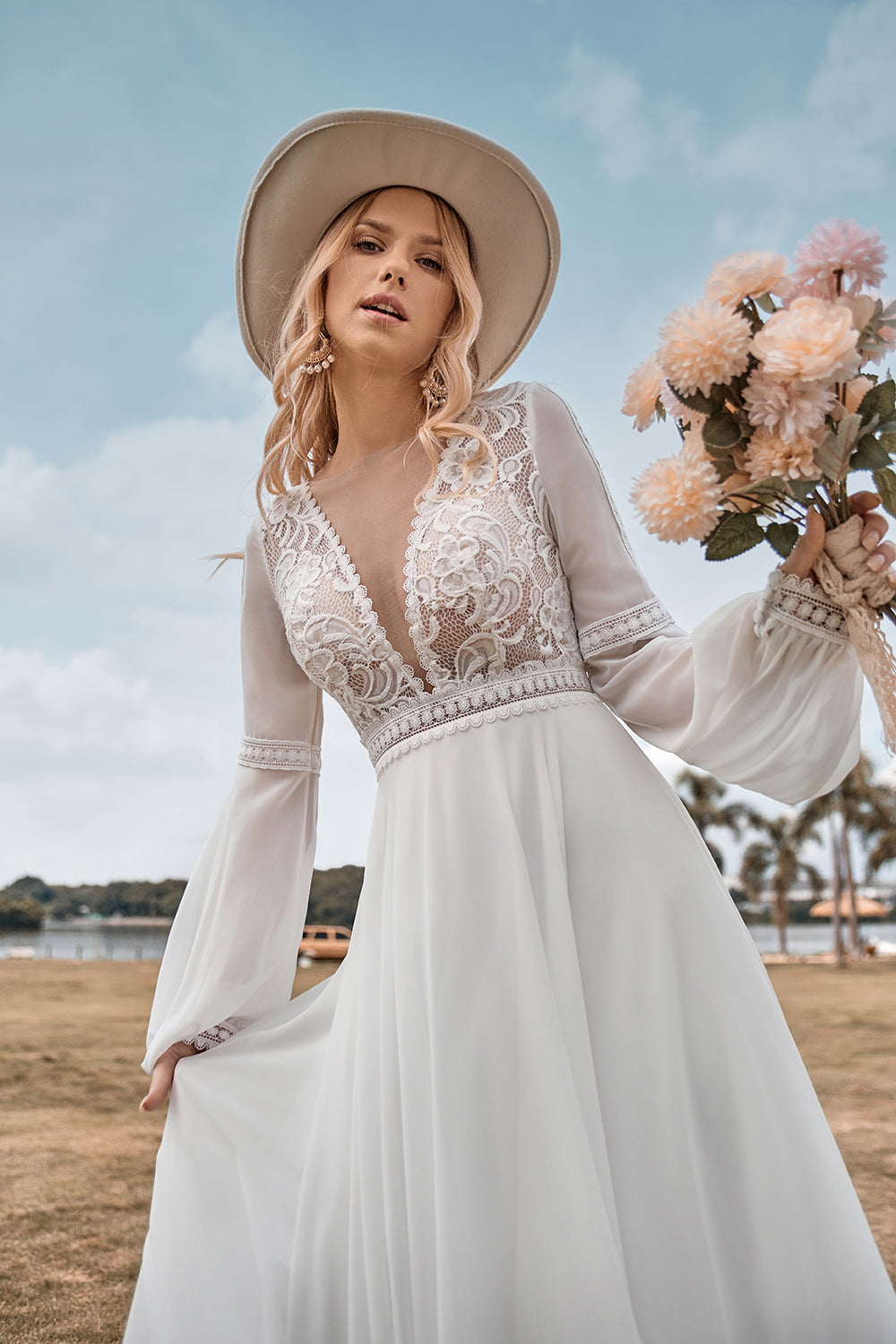 ZAPAKA Women Ivory Wedding Dress with Lace Deep V-Neck Long Sleeves Bridal Dress ZAPAKA UK ZAPAKA Women Ivory Wedding Dress with Lace Deep V-Neck Long Sleeves Bridal Dress ZAPAKA UK