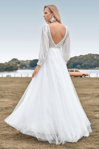 A-Line Tulle Beaded Ivory Wedding Dress with Long Sleeves