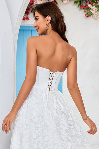 Ivory Strapless Corset Tea-Length Wedding Dress with Lace