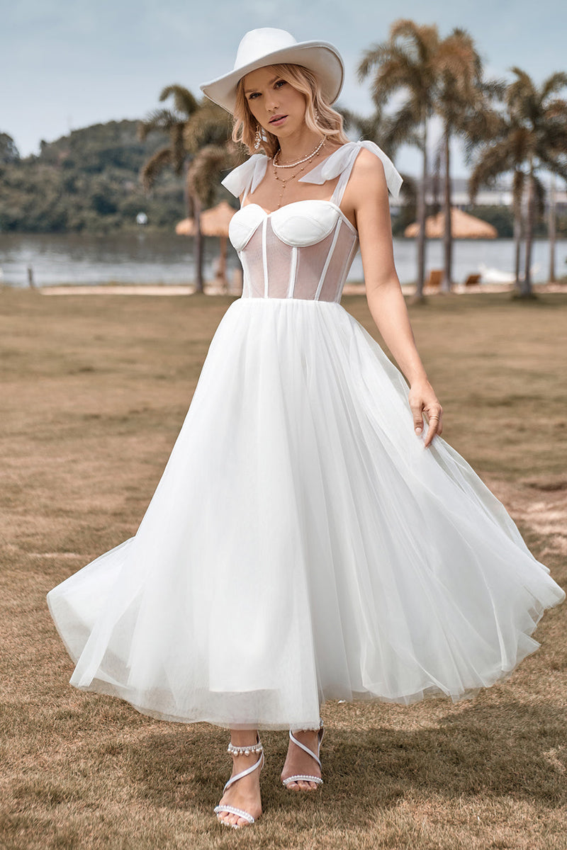 Load image into Gallery viewer, Ivory Tulle Corset Tea-Length A Line Wedding Dress