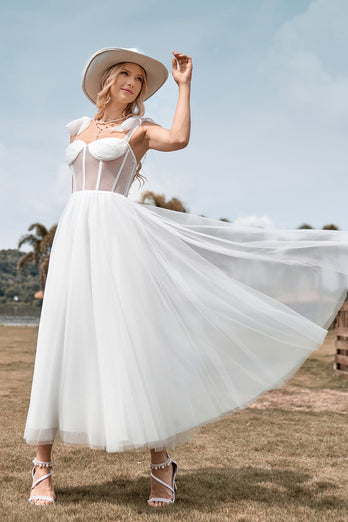 Ivory Tulle Corset Tea-Length A Line Wedding Dress
