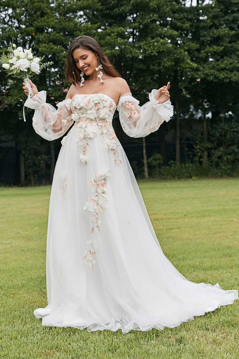 Zapaka Women Ivory Wedding Dress with 3D Flowers Detachable Long