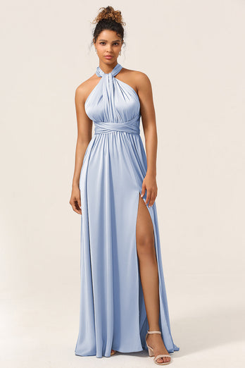 Blue Satin Convertible Bridesmaid Dress with Slit