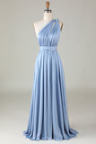 Convertible Blue Satin Bridesmaid Dress with Slit
