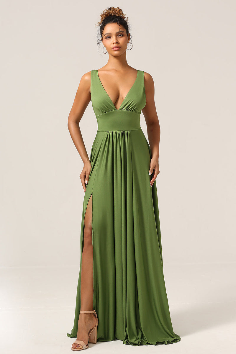 Load image into Gallery viewer, Elegant A Line Olive Deep V-neck Sleeveless Long Bridesmaid Dress