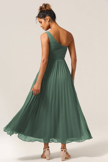 A Line One Shoulder Eucalyptus Long Bridesmaid Dress with Ruched