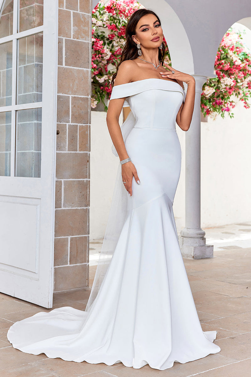 Load image into Gallery viewer, Off the Shoulder Satin Simple Mermaid Wedding Dress