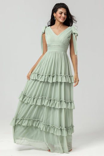 A Line Chiffon Green Bridesmaid Dress with Pleated