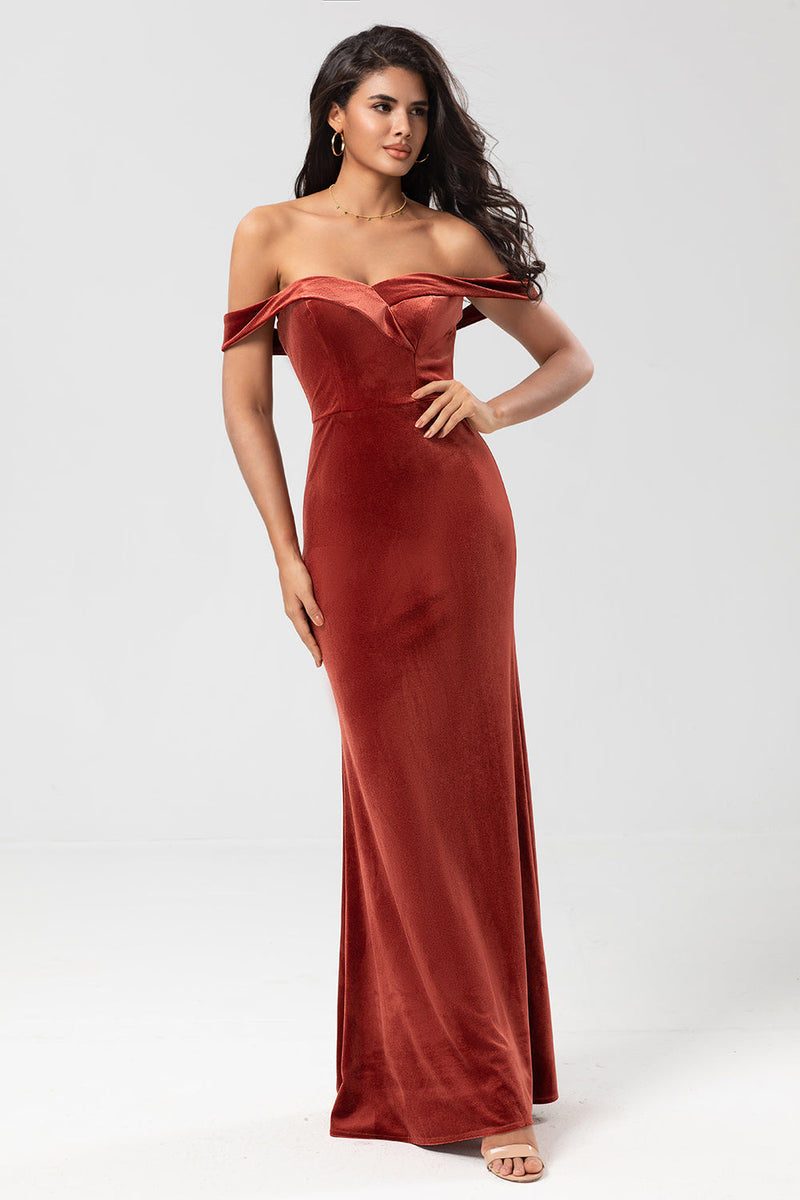 Load image into Gallery viewer, Mermaid Off the Shoulder Terracotta Velvet Bridesmaid Dress