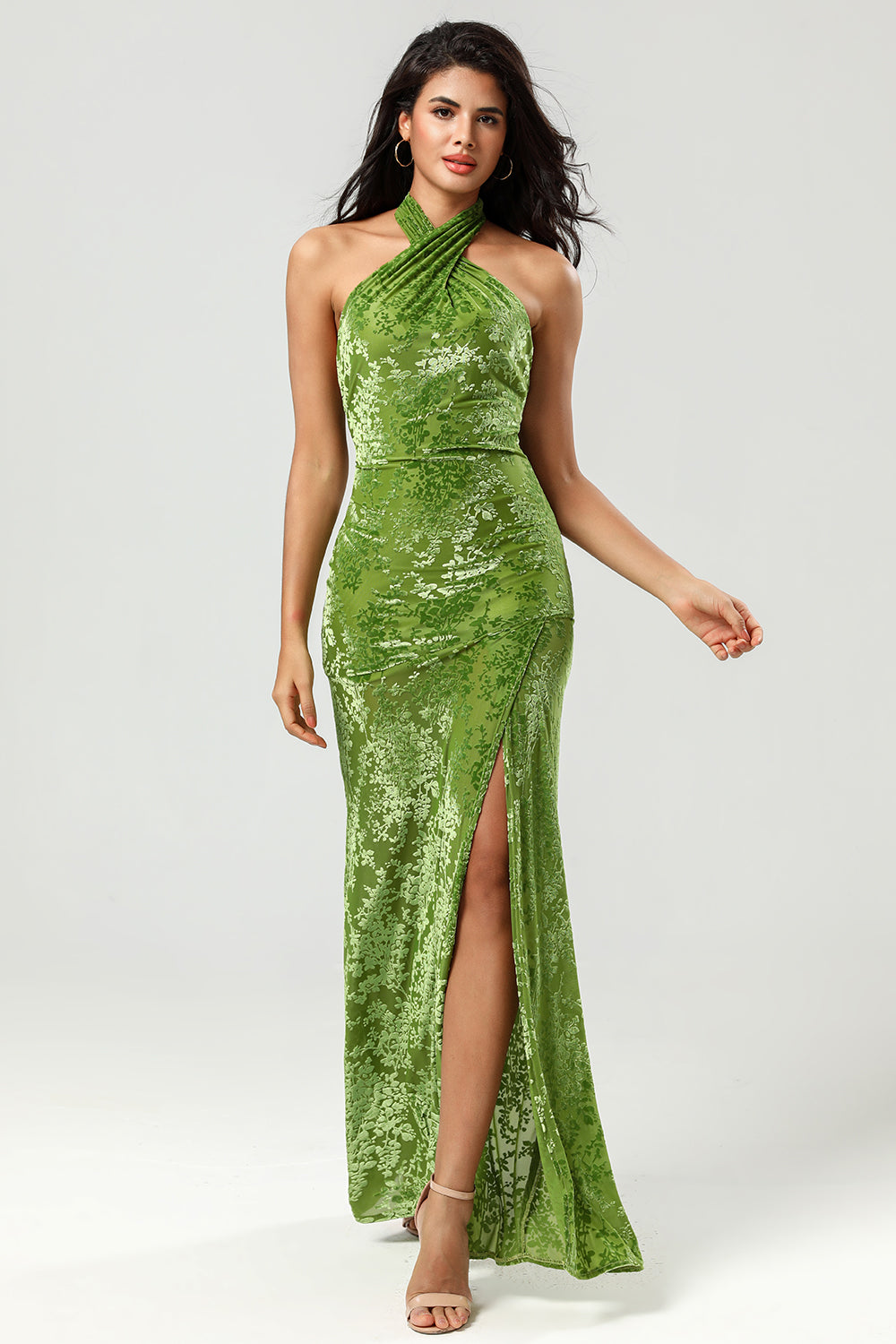 Mermaid Halter Neck Velvet Long Olive Green Bridesmaid Dress