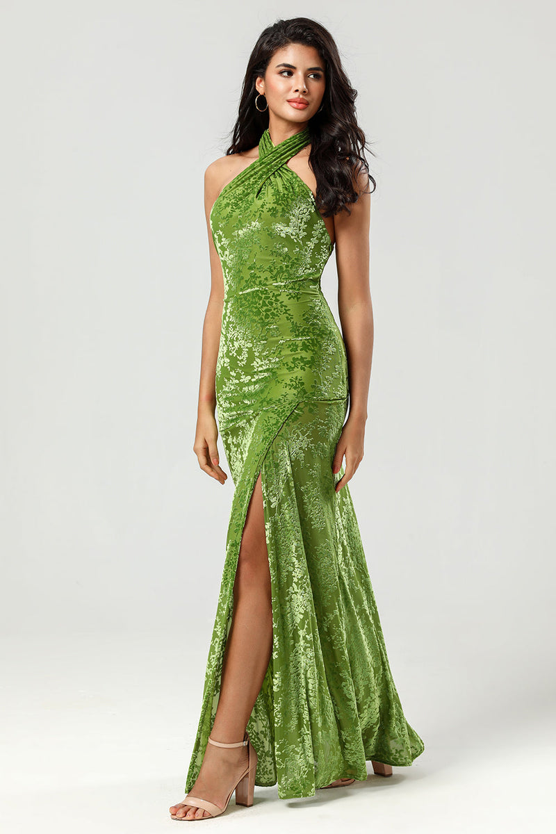 Load image into Gallery viewer, Mermaid Halter Neck Velvet Long Olive Green Bridesmaid Dress