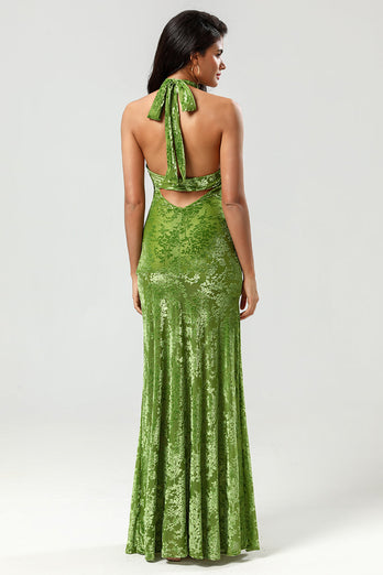 Mermaid Halter Neck Velvet Long Olive Green Bridesmaid Dress
