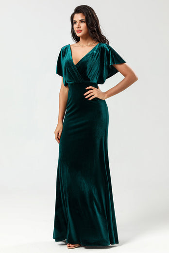 Confidently Charismatic A Line V-Neck Peacock Velvet Bridesmaid Dress with Ruffles
