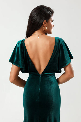Confidently Charismatic A Line V-Neck Peacock Velvet Bridesmaid Dress with Ruffles