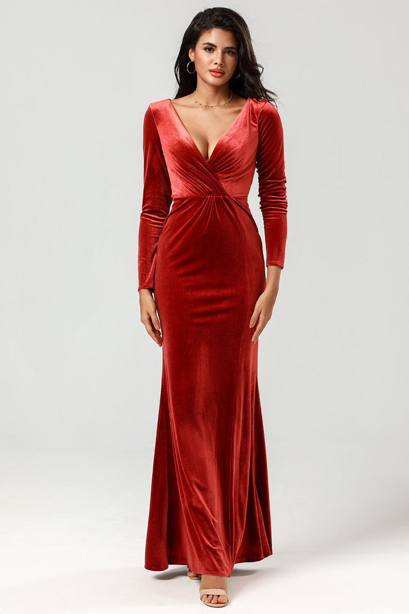 Load image into Gallery viewer, Mermaid Velvet Red Bridesmaid Dress with Long Sleeves