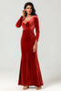 Load image into Gallery viewer, Mermaid Velvet Red Bridesmaid Dress with Long Sleeves