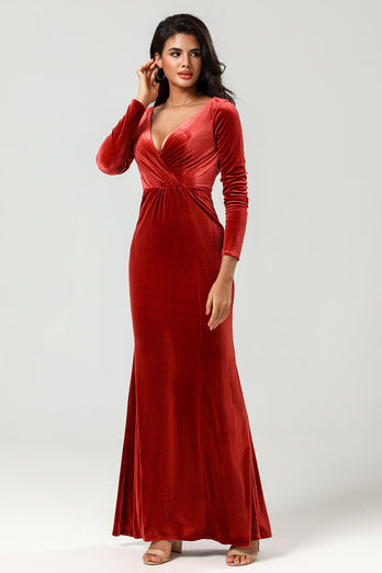 Mermaid Velvet Red Bridesmaid Dress with Long Sleeves