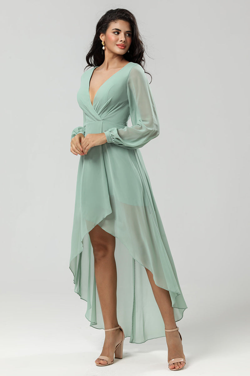 Load image into Gallery viewer, High-low Chiffon A Line Green Bridesmaid Dress with Long Sleeves
