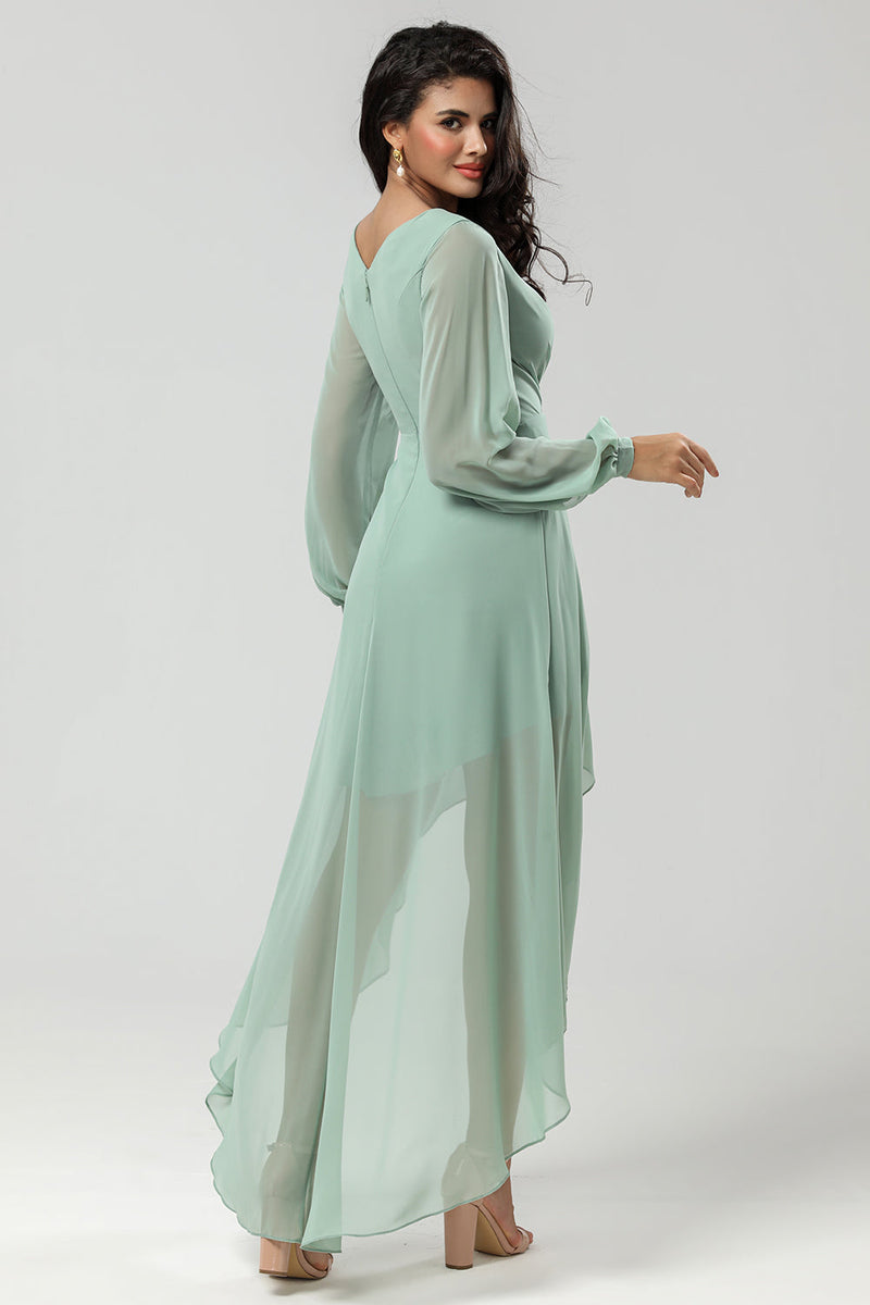 Load image into Gallery viewer, High-low Chiffon A Line Green Bridesmaid Dress with Long Sleeves